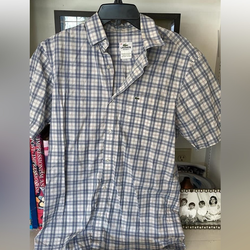 Men’s Lacoste button down blue and white beautiful plaid